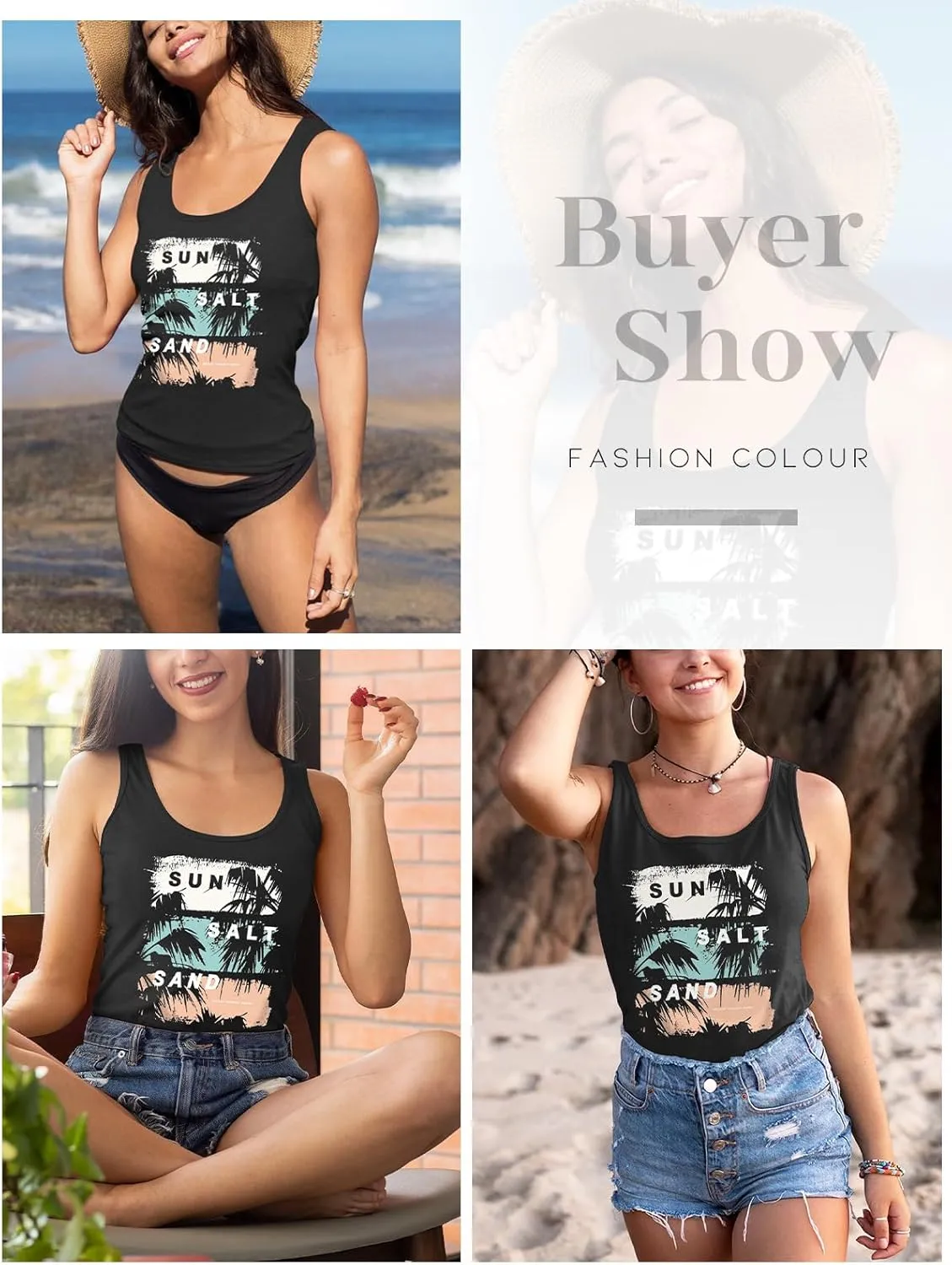 Women Vintage Beach Graphic Racerback Tank Top Summer Vacation Hawaiian Sunset Sun Sand Sleeveless Basic-Fit Shirt Cami