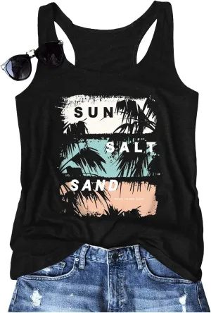 Women Vintage Beach Graphic Racerback Tank Top Summer Vacation Hawaiian Sunset Sun Sand Sleeveless Basic-Fit Shirt Cami