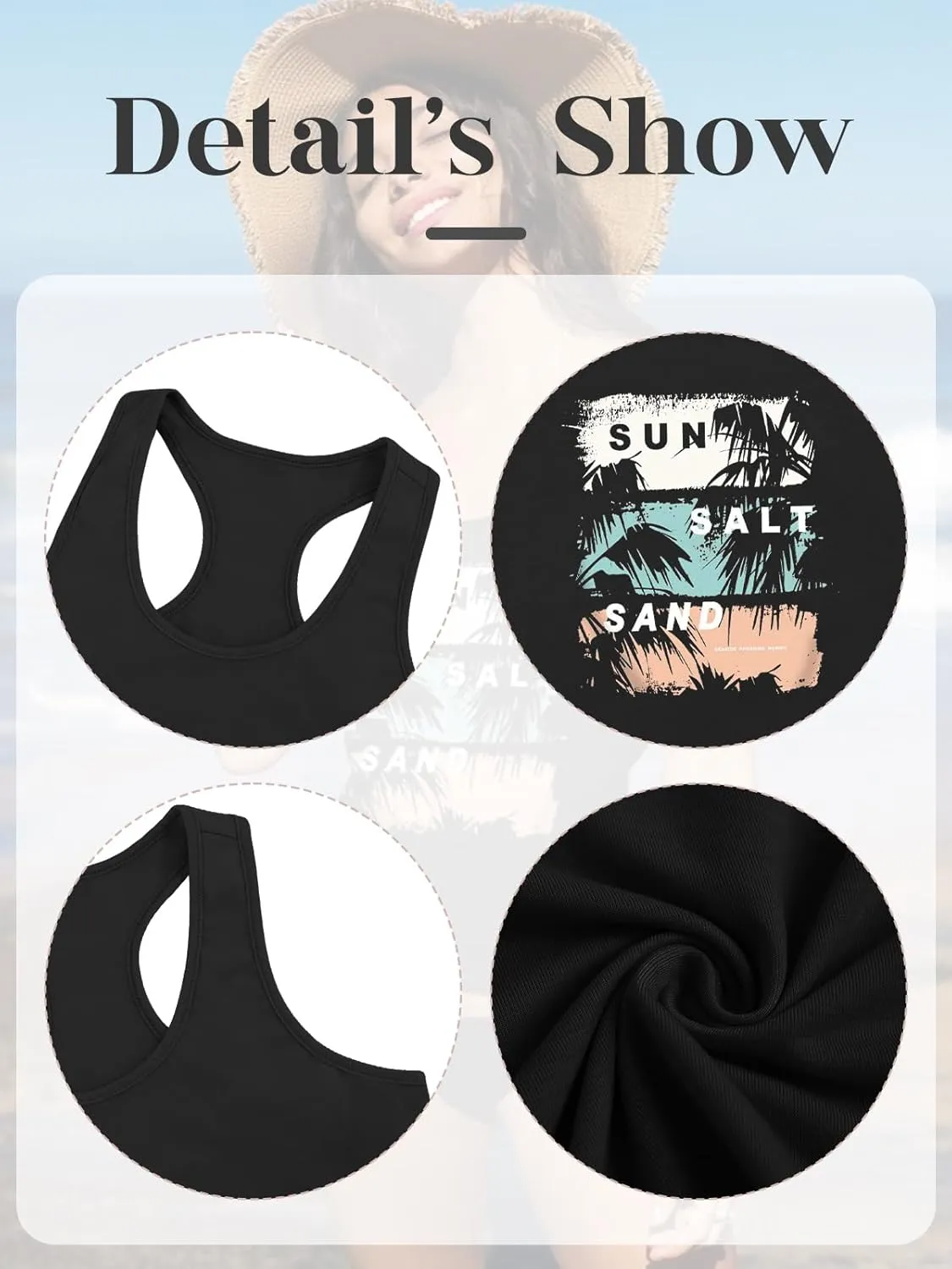 Women Vintage Beach Graphic Racerback Tank Top Summer Vacation Hawaiian Sunset Sun Sand Sleeveless Basic-Fit Shirt Cami