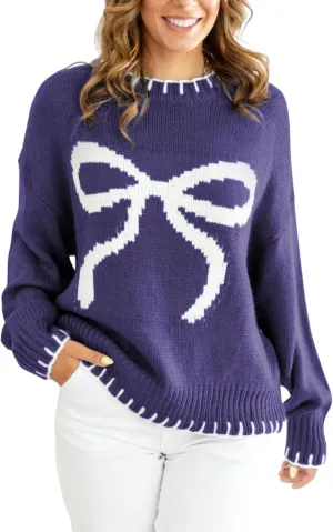 Women Y2K Bow Knit Sweater Crew Neck Long Sleeve Knitted Pullover Oversized Contrast Trim Knitwear