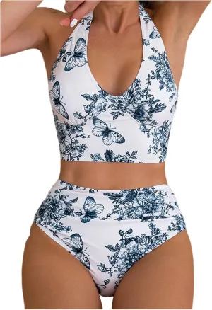Women's 2 Piece Boho Floral Swimsuit Drawstring High Waisted Bikini Sets Twist Bathing Suit
