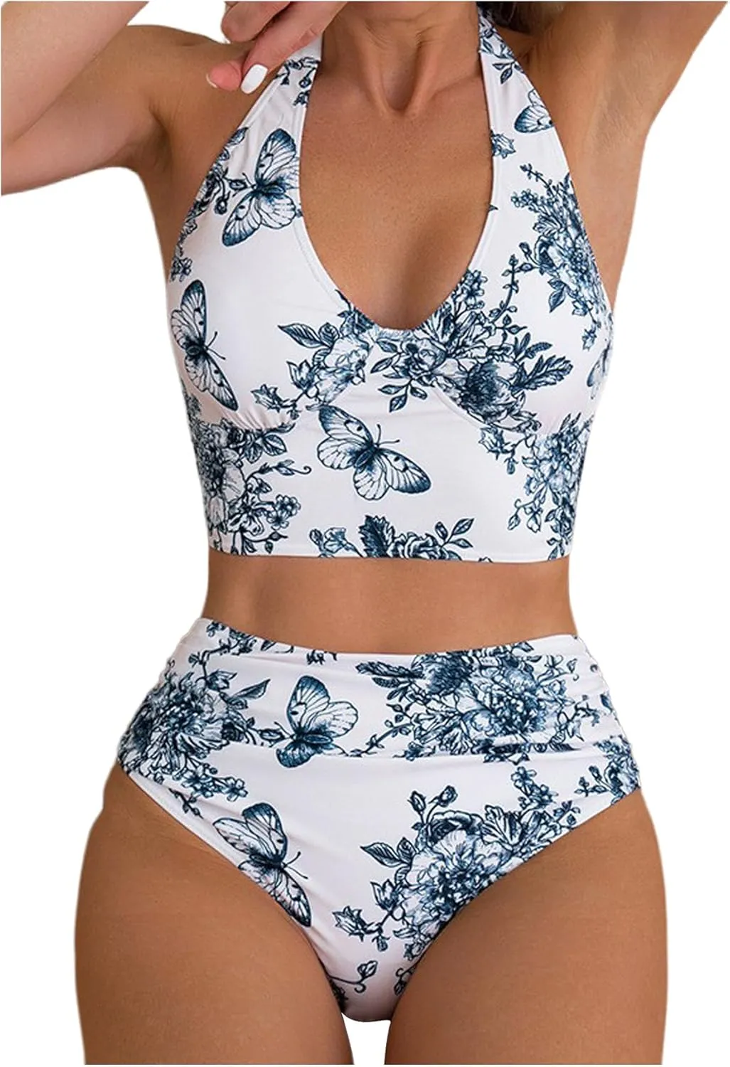 Women's 2 Piece Boho Floral Swimsuit Drawstring High Waisted Bikini Sets Twist Bathing Suit