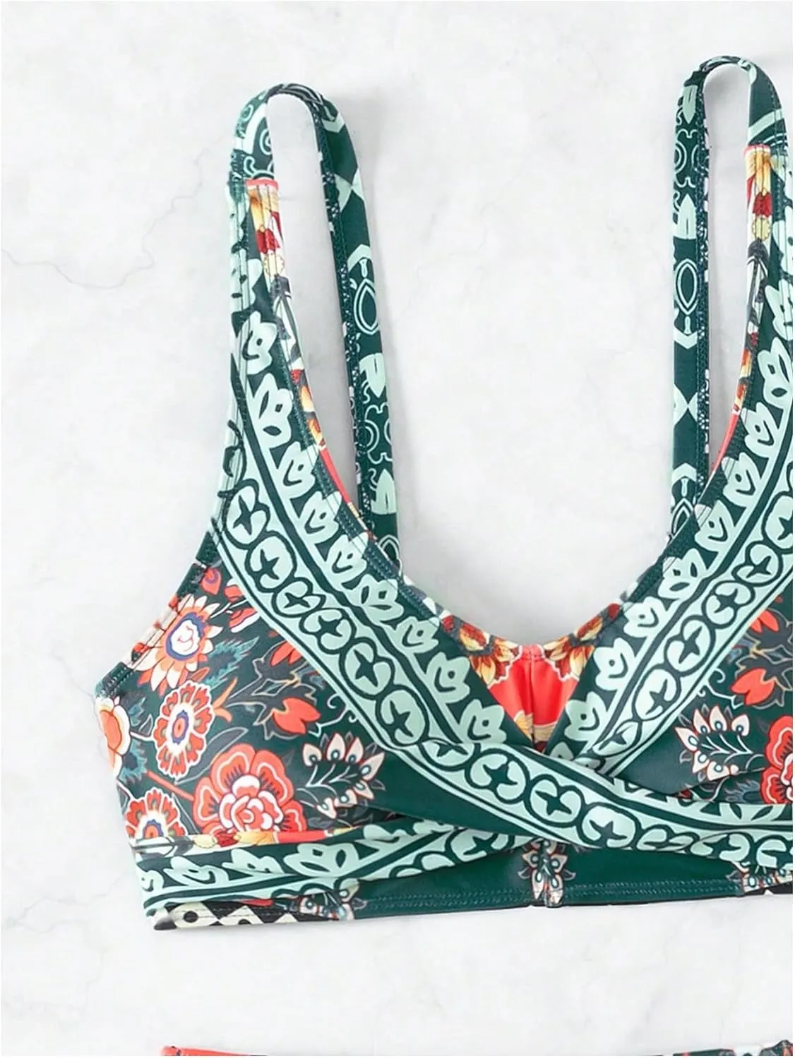 Women's 2 Piece Boho Floral Swimsuit Drawstring High Waisted Bikini Sets Twist Bathing Suit