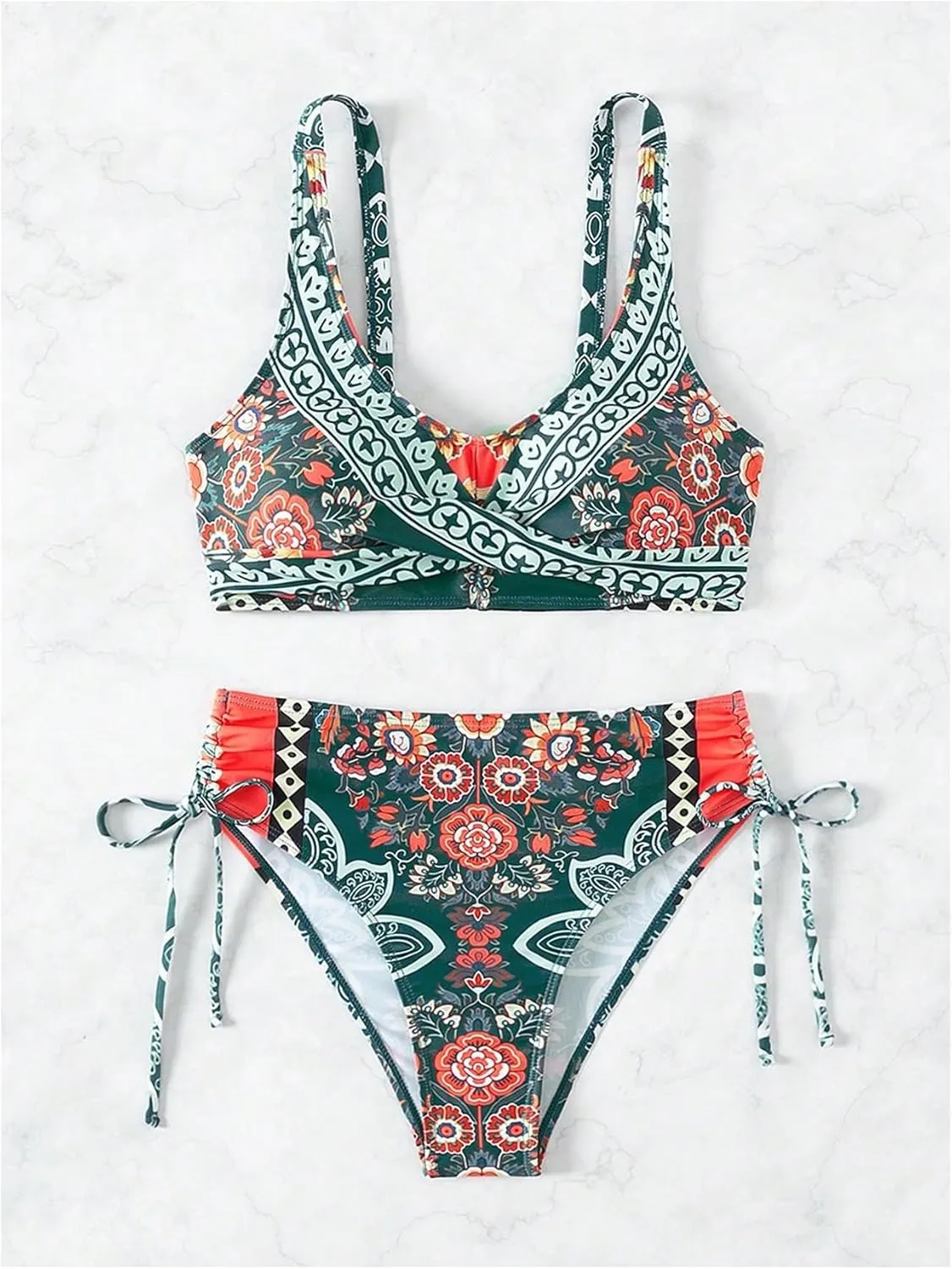 Women's 2 Piece Boho Floral Swimsuit Drawstring High Waisted Bikini Sets Twist Bathing Suit