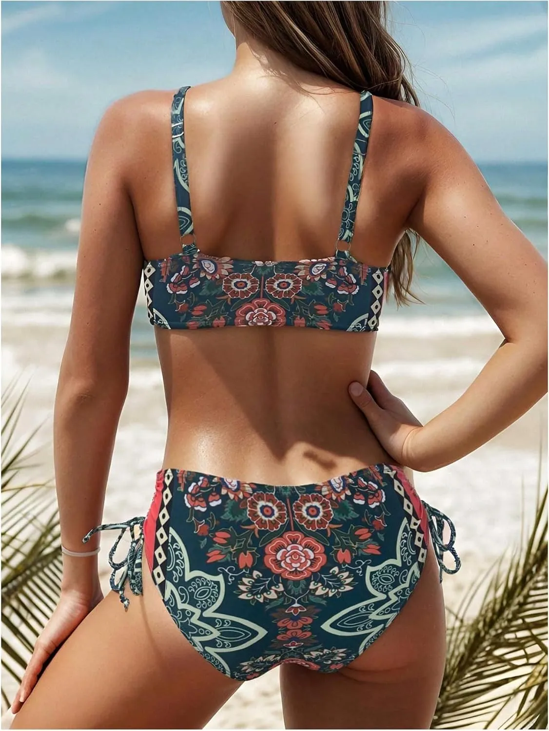 Women's 2 Piece Boho Floral Swimsuit Drawstring High Waisted Bikini Sets Twist Bathing Suit