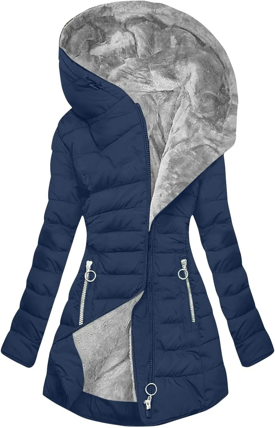 Womens 2024 Winter Warm Solid Fleece Coat Long Sleeve Hooded Zipper Overcoat Soft Fitted Casual Pockets Outdoor Jacket