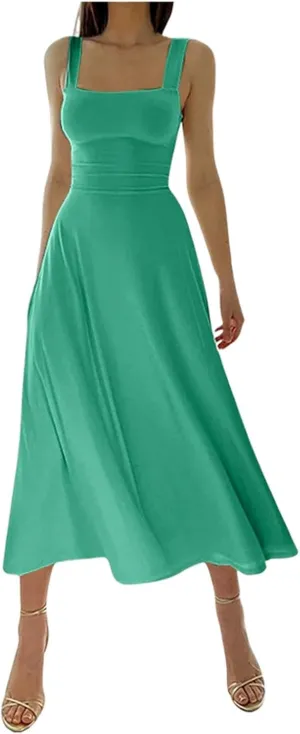 Women's 2025 Summer Sleeveless Midi Dress Square Neck Drawstring Waist Flowy A Line Beach Dresses Tank Dresses for Women