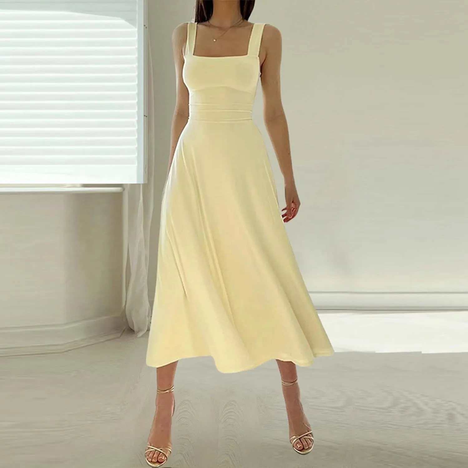 Women's 2025 Summer Sleeveless Midi Dress Square Neck Drawstring Waist Flowy A Line Beach Dresses Tank Dresses for Women