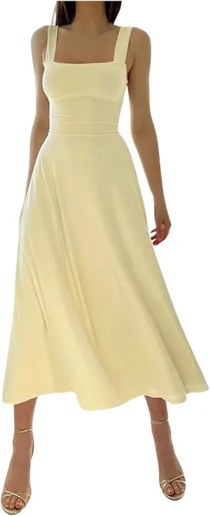 Women's 2025 Summer Sleeveless Midi Dress Square Neck Drawstring Waist Flowy A Line Beach Dresses Tank Dresses for Women
