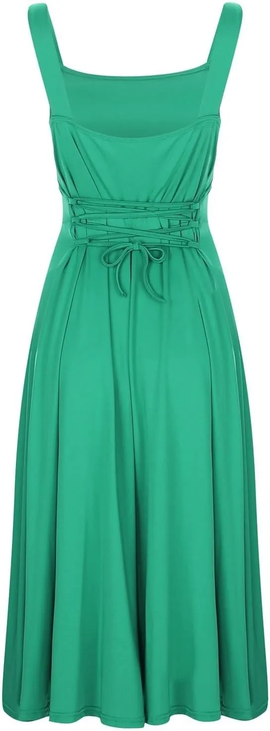 Women's 2025 Summer Sleeveless Midi Dress Square Neck Drawstring Waist Flowy A Line Beach Dresses Tank Dresses for Women