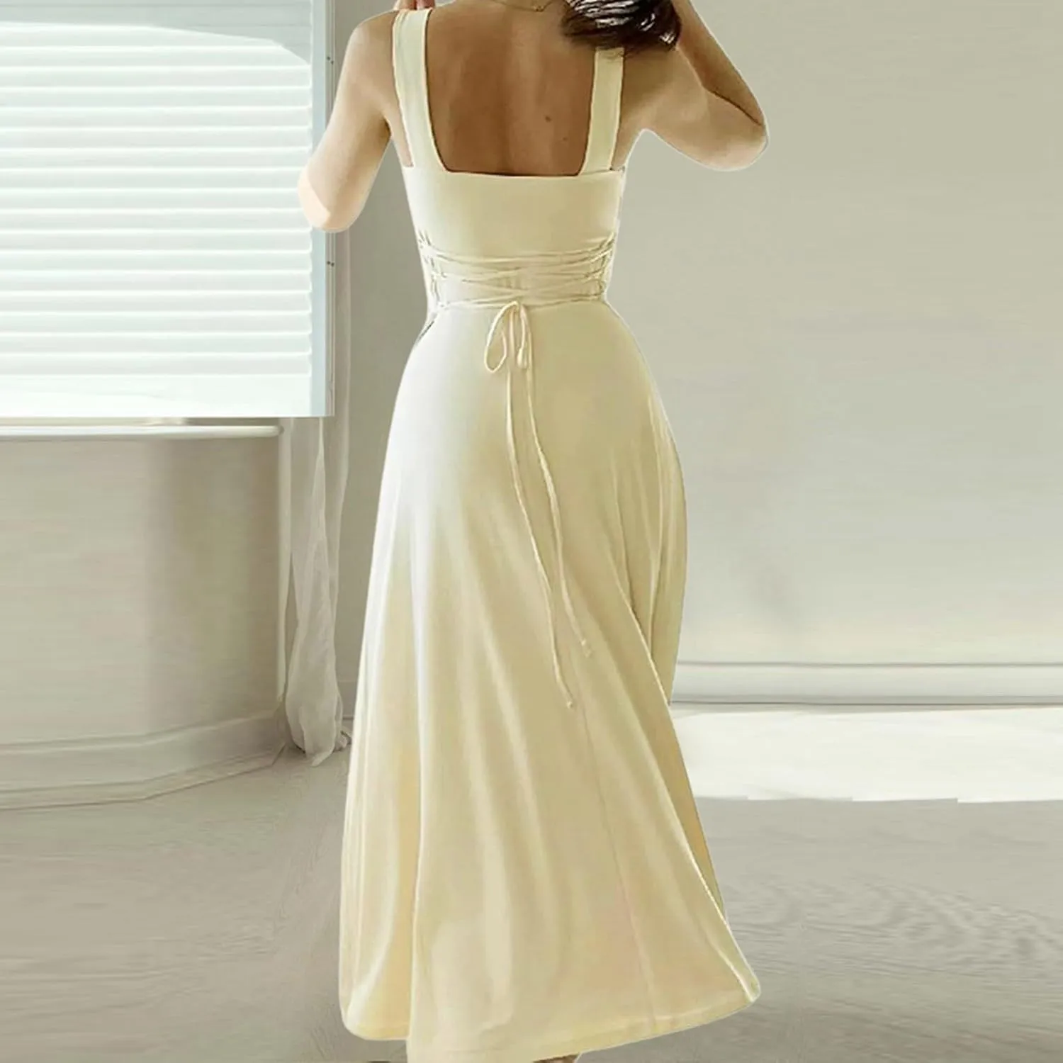 Women's 2025 Summer Sleeveless Midi Dress Square Neck Drawstring Waist Flowy A Line Beach Dresses Tank Dresses for Women