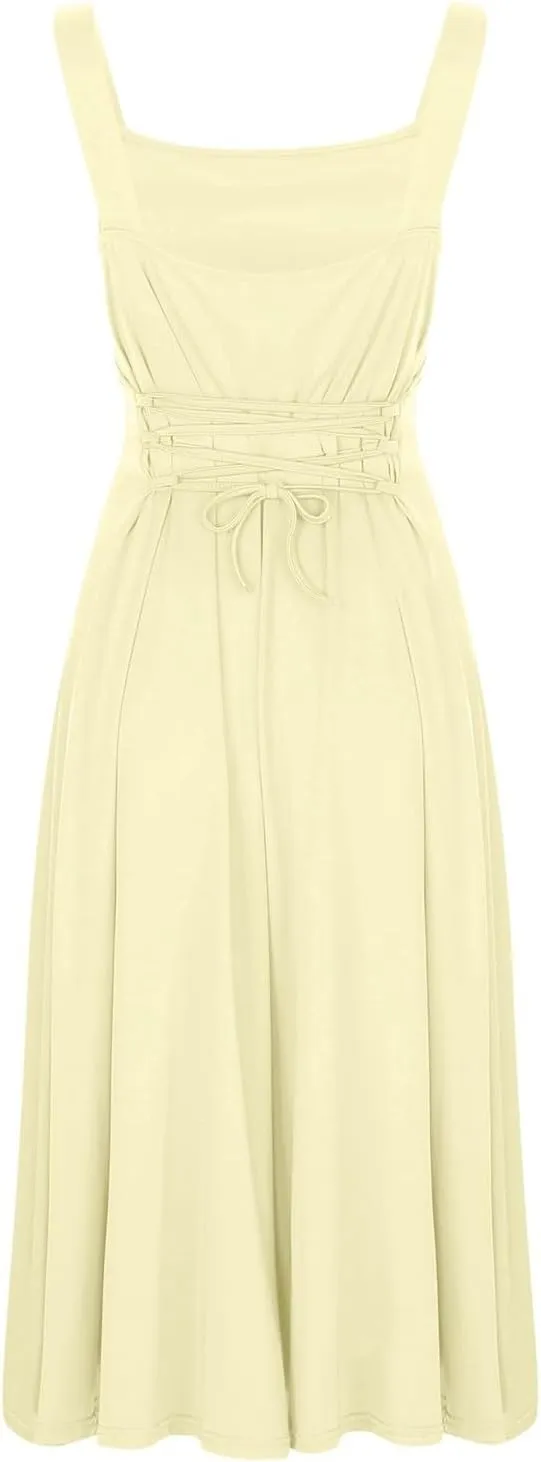 Women's 2025 Summer Sleeveless Midi Dress Square Neck Drawstring Waist Flowy A Line Beach Dresses Tank Dresses for Women