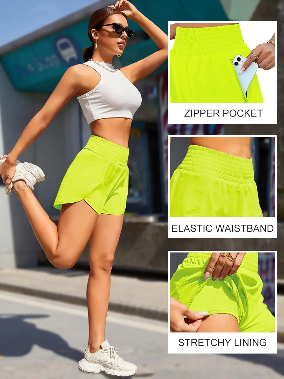 Women's Athletic Shorts High Waisted Running Shorts Pocket Sporty Shorts Gym Elastic Workout Shorts