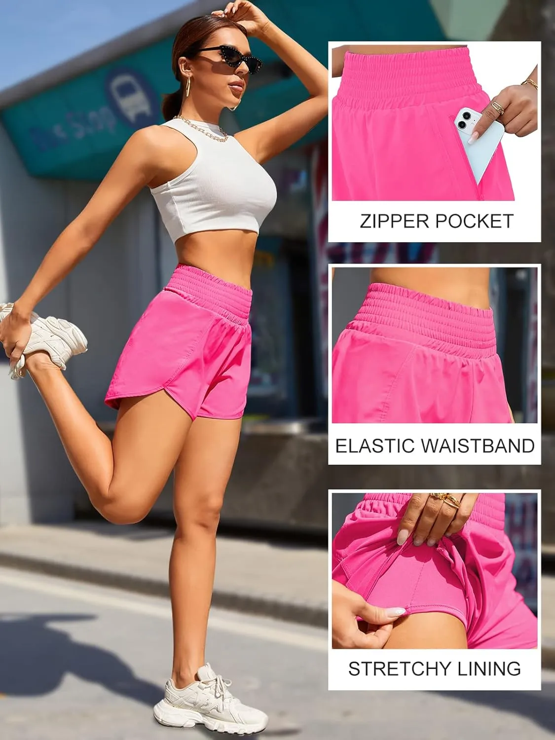 Women's Athletic Shorts High Waisted Running Shorts Pocket Sporty Shorts Gym Elastic Workout Shorts