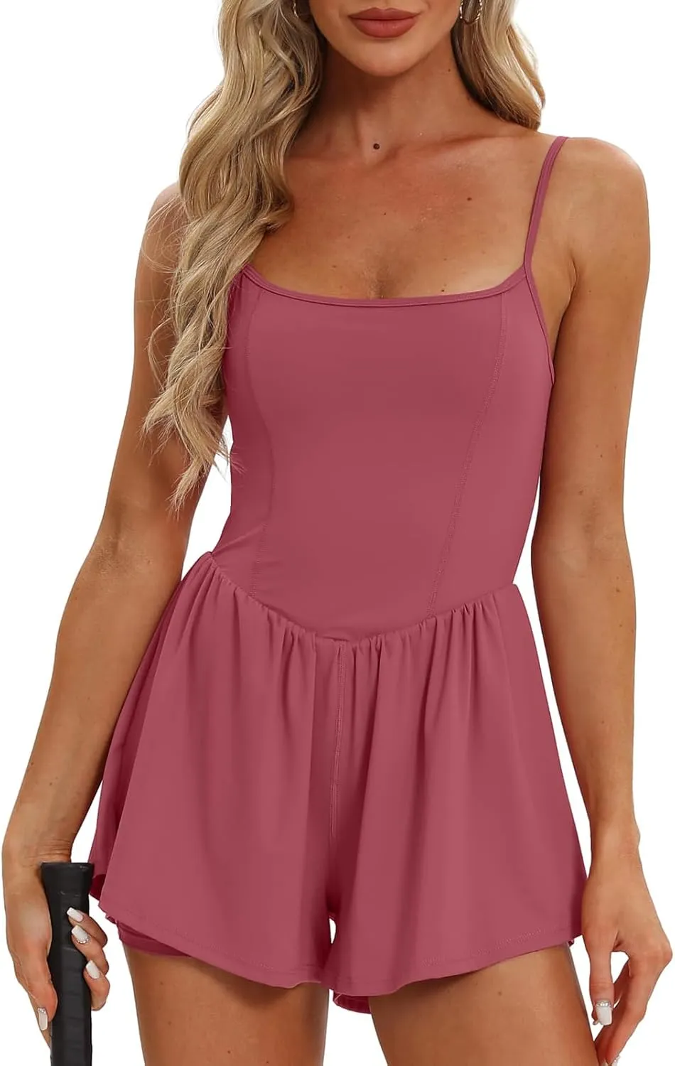 Womens Athletic Workout Romper Summer Casual Spaghetti Strap Double Lined Short Jumpsuits One Piece Tennis Outfits