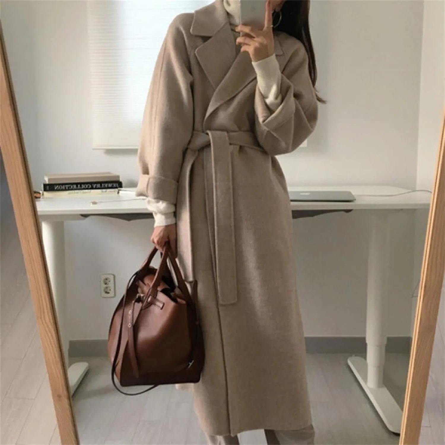 Womens Belted Winter Wool Coat Notch Lapel Wool Blend Peacoat Overcoat Casual Open Front Long Jacket Trench Coats