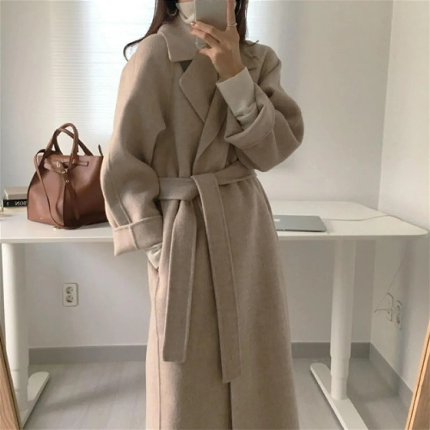 Womens Belted Winter Wool Coat Notch Lapel Wool Blend Peacoat Overcoat Casual Open Front Long Jacket Trench Coats