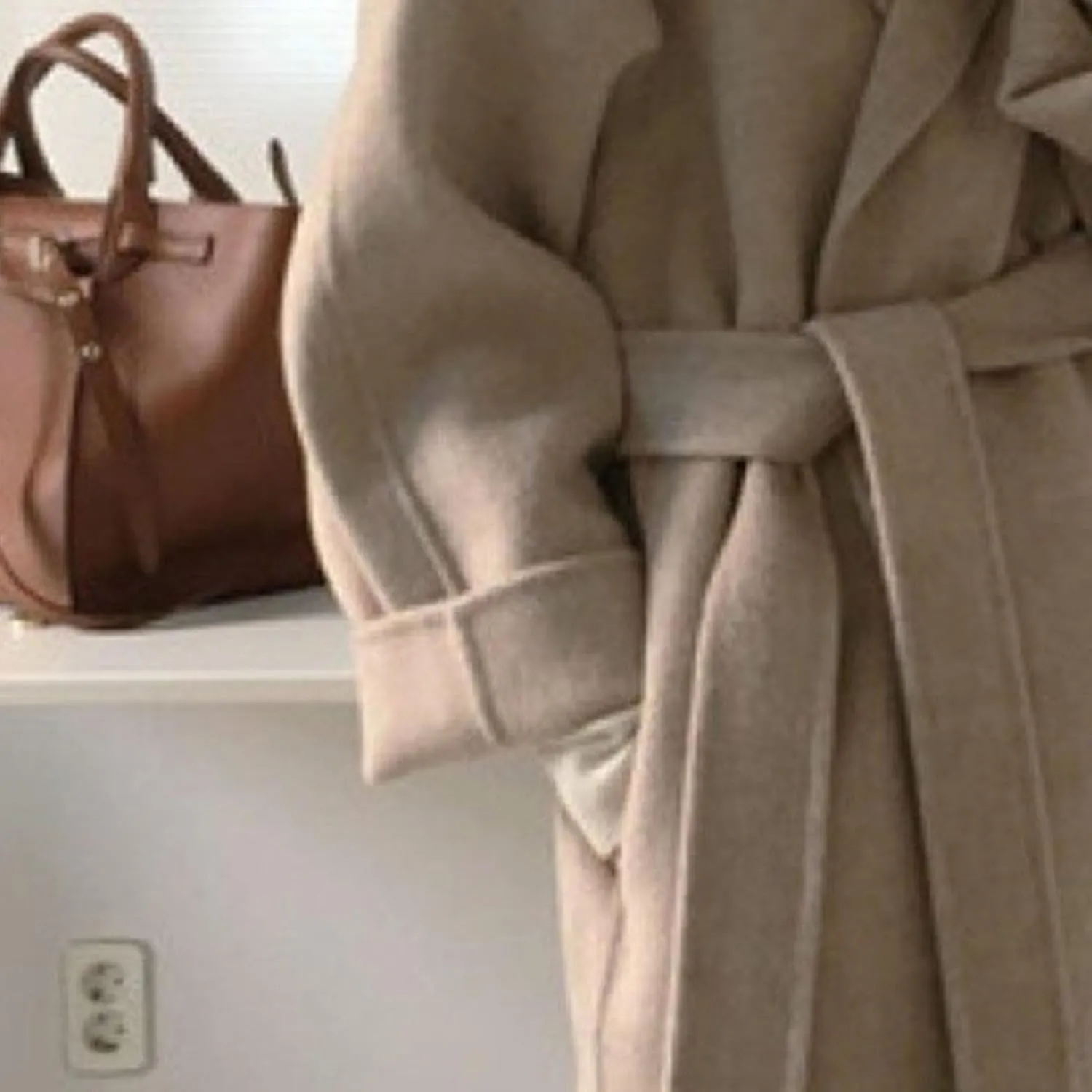 Womens Belted Winter Wool Coat Notch Lapel Wool Blend Peacoat Overcoat Casual Open Front Long Jacket Trench Coats