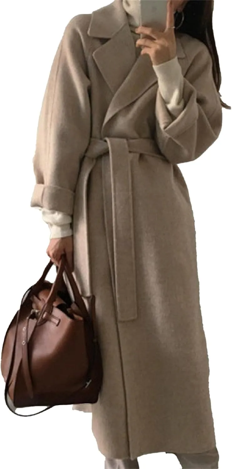 Womens Belted Winter Wool Coat Notch Lapel Wool Blend Peacoat Overcoat Casual Open Front Long Jacket Trench Coats
