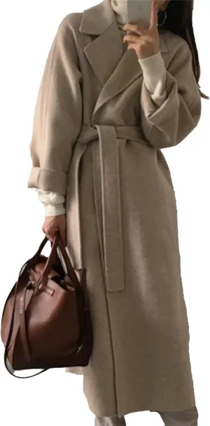 Womens Belted Winter Wool Coat Notch Lapel Wool Blend Peacoat Overcoat Casual Open Front Long Jacket Trench Coats