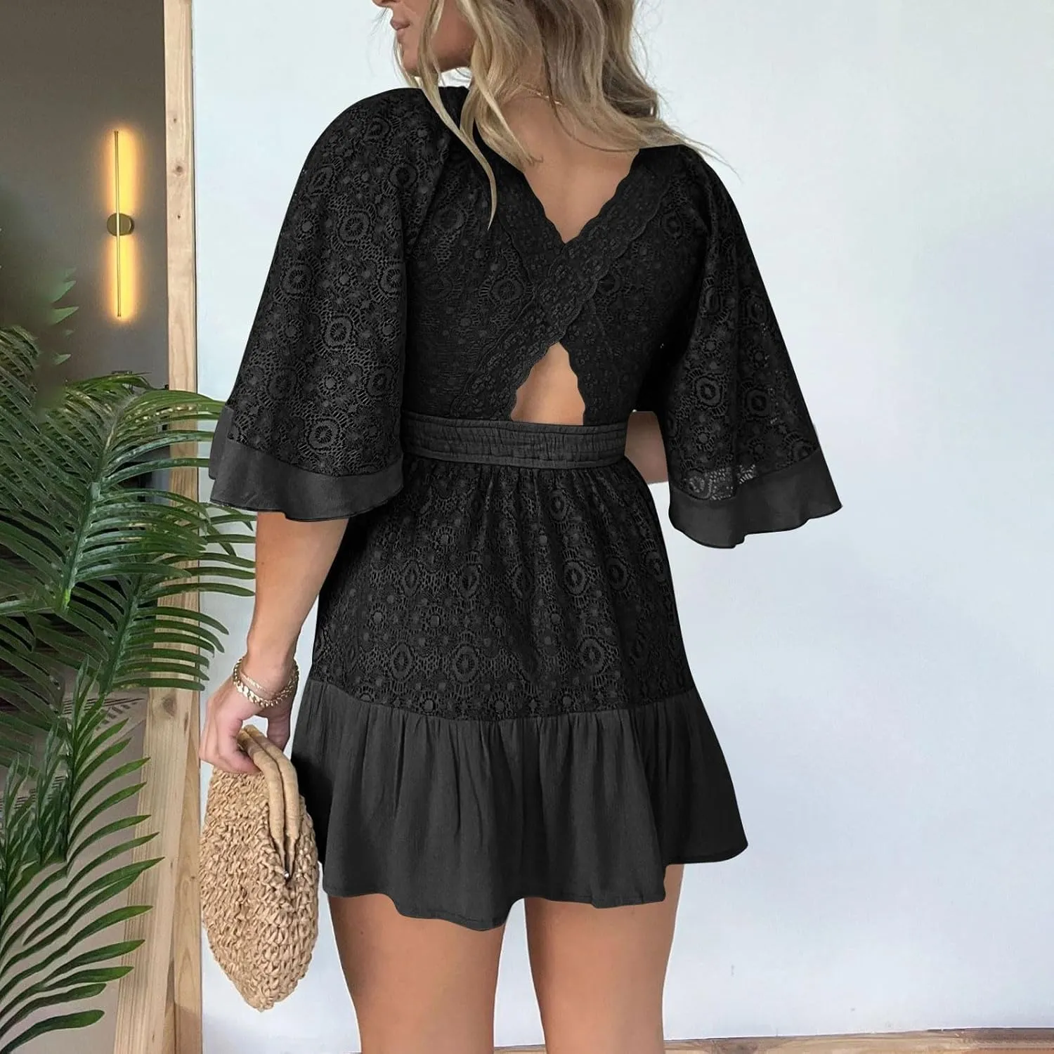 Womens Boho Floral Lace Mini Dress Deep V-Neck Smocked Waist Ruffle A-Line Dresses Casual Sexy Flared Sleeves Dress