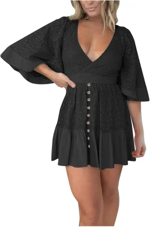 Womens Boho Floral Lace Mini Dress Deep V-Neck Smocked Waist Ruffle A-Line Dresses Casual Sexy Flared Sleeves Dress