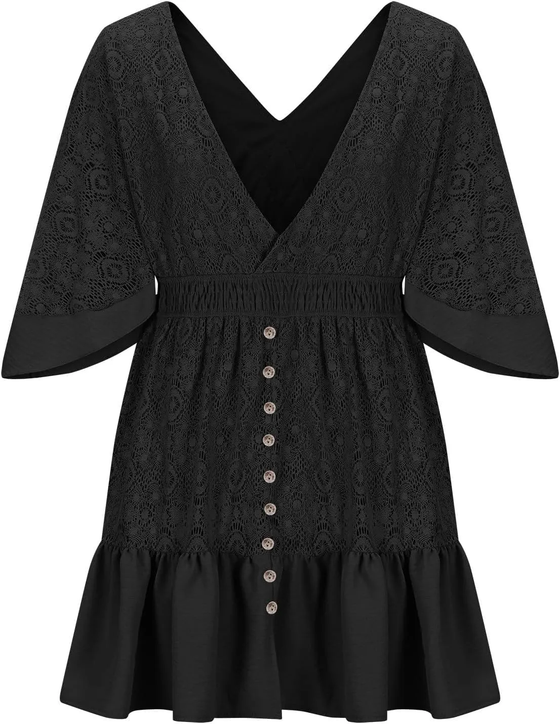 Womens Boho Floral Lace Mini Dress Deep V-Neck Smocked Waist Ruffle A-Line Dresses Casual Sexy Flared Sleeves Dress