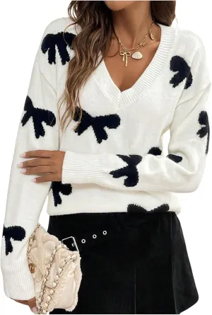 Women's Bowknot Sweater V Neck Long Sleeve Drop Shoulder Knit Pullover Tops Knitwear