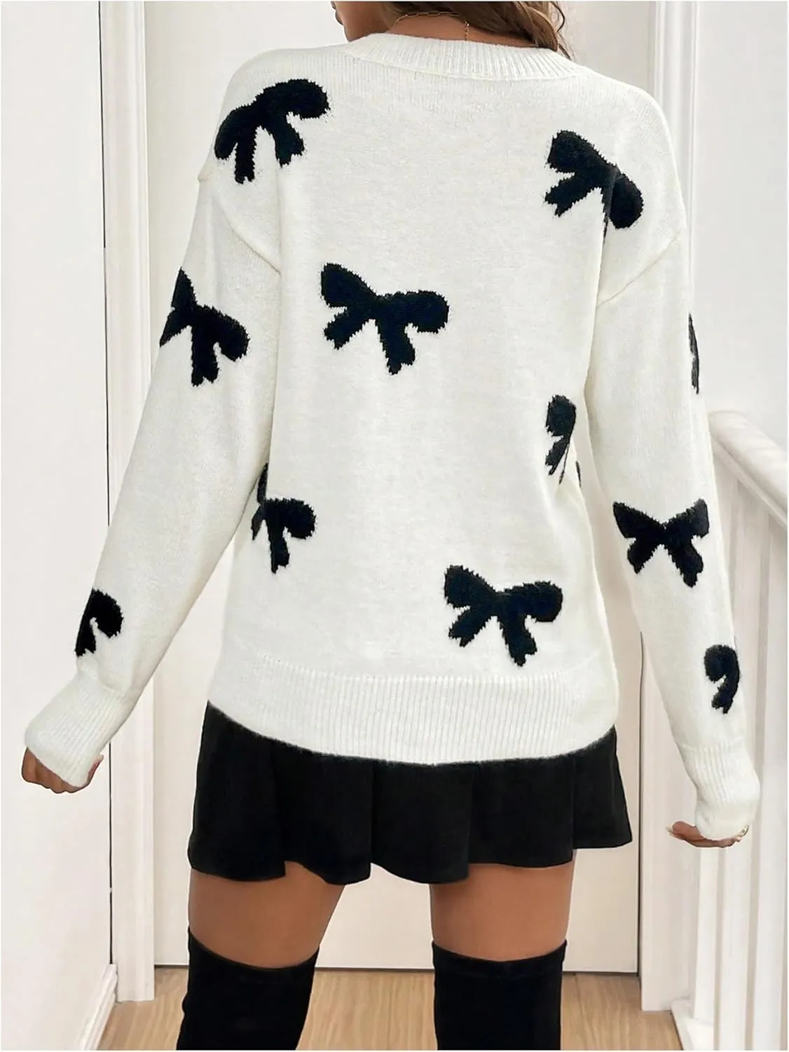 Women's Bowknot Sweater V Neck Long Sleeve Drop Shoulder Knit Pullover Tops Knitwear