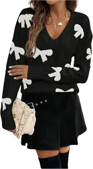 Women's Bowknot Sweater V Neck Long Sleeve Drop Shoulder Knit Pullover Tops Knitwear