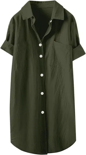 Womens Button Shirt Dresses Daily Casual High Low Irregular Hem Short/Half Sleeve Blouse Loose Summer Linen Tops 2025