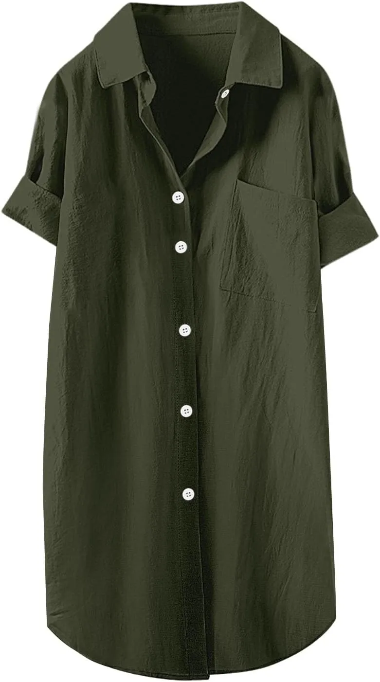 Womens Button Shirt Dresses Daily Casual High Low Irregular Hem Short/Half Sleeve Blouse Loose Summer Linen Tops 2025