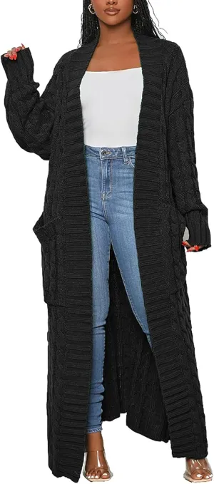 Women's Cable Knit Maxi Cardigan Long Cardigan Sweater Open Front Chunky Knitwear Coat with Pockets