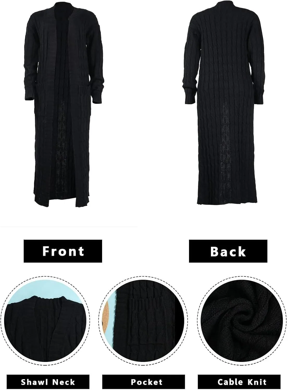 Women's Cable Knit Maxi Cardigan Long Cardigan Sweater Open Front Chunky Knitwear Coat with Pockets