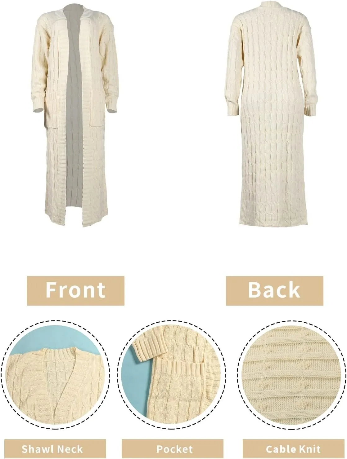 Women's Cable Knit Maxi Cardigan Long Cardigan Sweater Open Front Chunky Knitwear Coat with Pockets