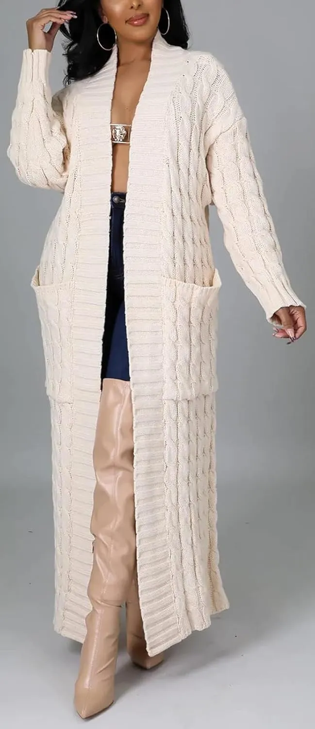 Women's Cable Knit Maxi Cardigan Long Cardigan Sweater Open Front Chunky Knitwear Coat with Pockets