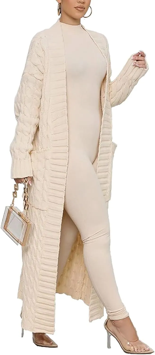 Women's Cable Knit Maxi Cardigan Long Cardigan Sweater Open Front Chunky Knitwear Coat with Pockets