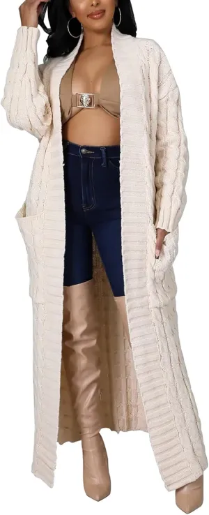 Women's Cable Knit Maxi Cardigan Long Cardigan Sweater Open Front Chunky Knitwear Coat with Pockets