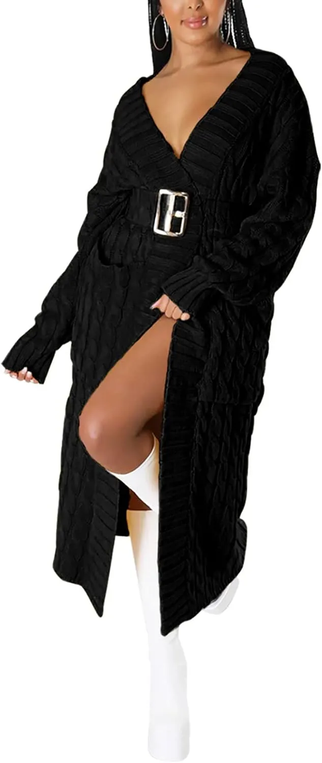 Women's Cable Knit Maxi Cardigan Long Cardigan Sweater Open Front Chunky Knitwear Coat with Pockets