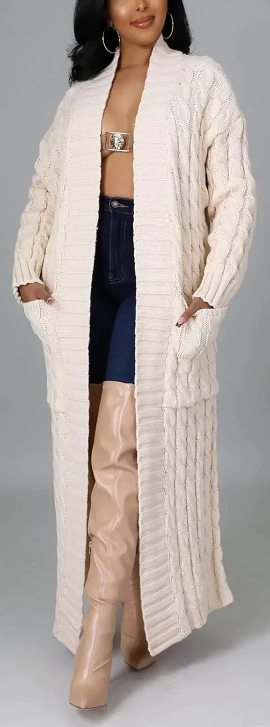 Women's Cable Knit Maxi Cardigan Long Cardigan Sweater Open Front Chunky Knitwear Coat with Pockets