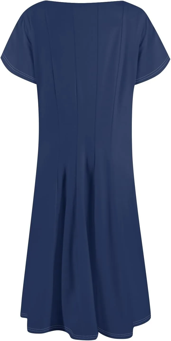 Womens Casual Dress for Summer Solid/Floral Short Sleeve Pleated T-Shirt Dress Loose Beach Midi Sundress with Pockets
