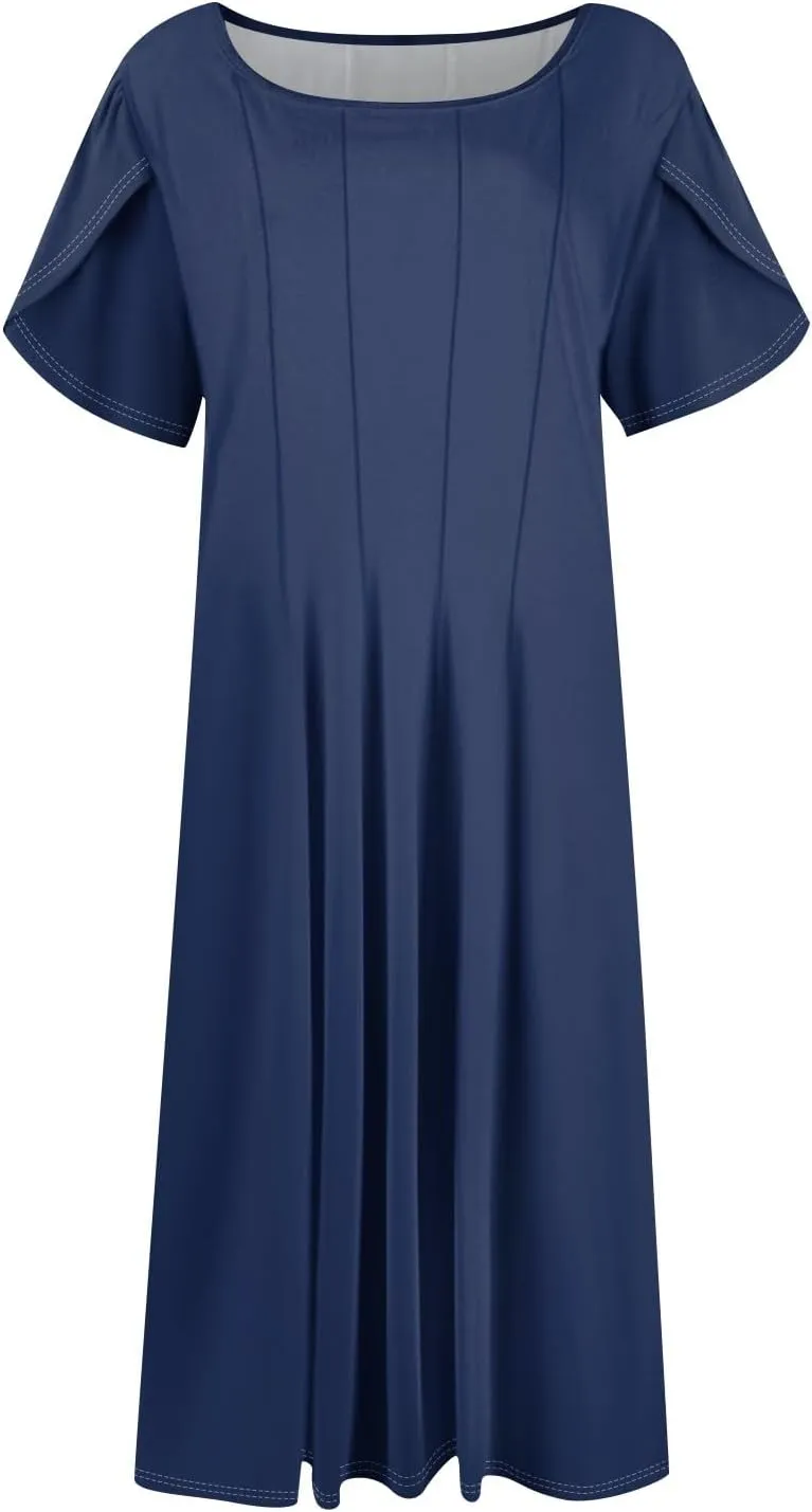Womens Casual Dress for Summer Solid/Floral Short Sleeve Pleated T-Shirt Dress Loose Beach Midi Sundress with Pockets
