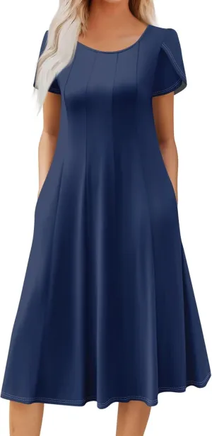 Womens Casual Dress for Summer Solid/Floral Short Sleeve Pleated T-Shirt Dress Loose Beach Midi Sundress with Pockets