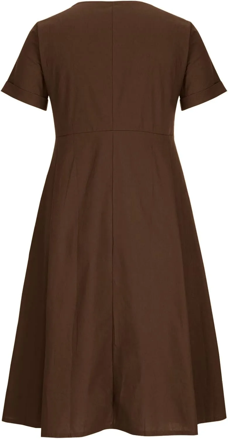Womens Casual Dress Plus Size Button Front V Neck A Line Dress 2025 Spring Summer Short Sleeve Midi Dress with Pocket