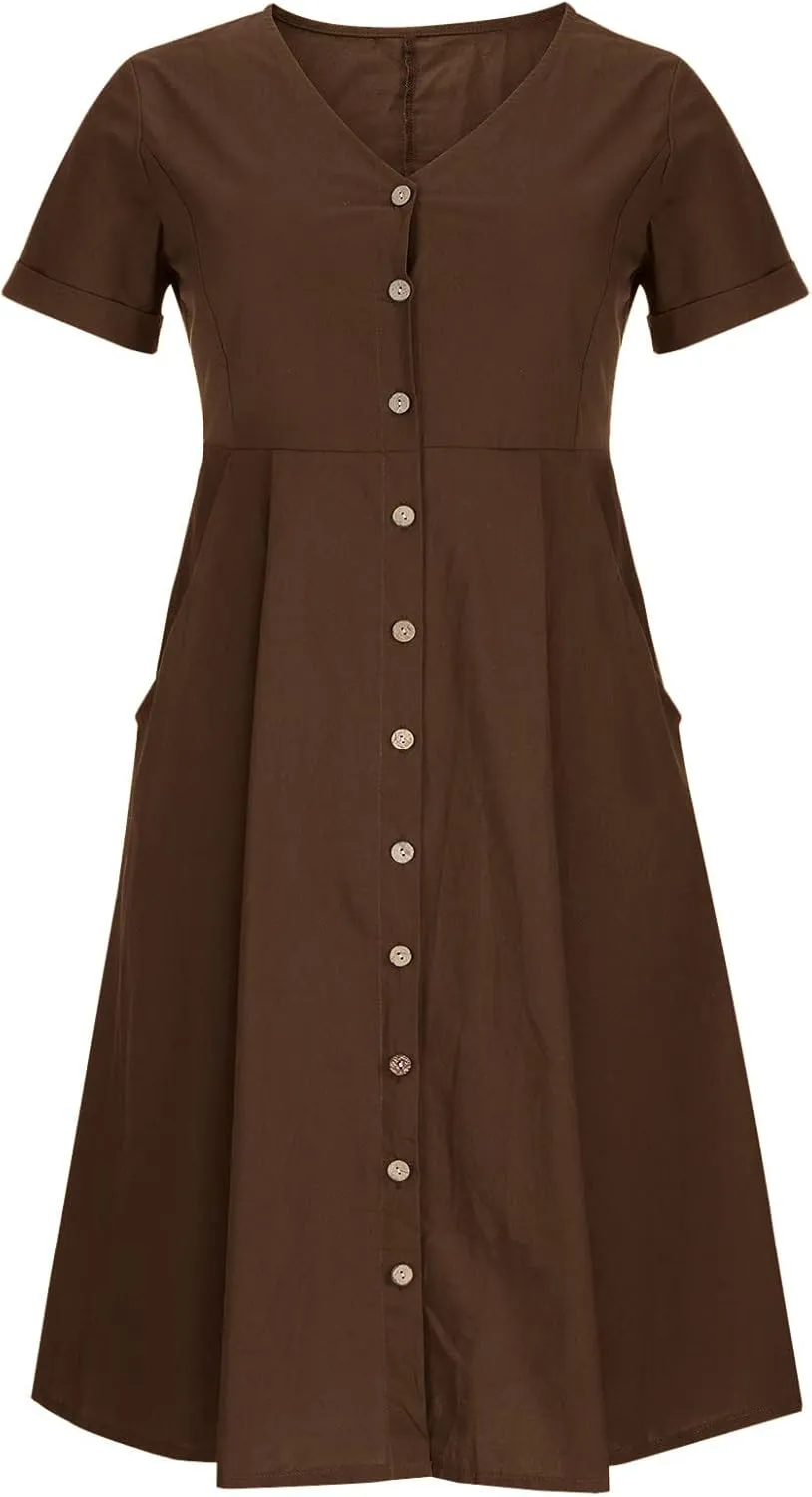Womens Casual Dress Plus Size Button Front V Neck A Line Dress 2025 Spring Summer Short Sleeve Midi Dress with Pocket