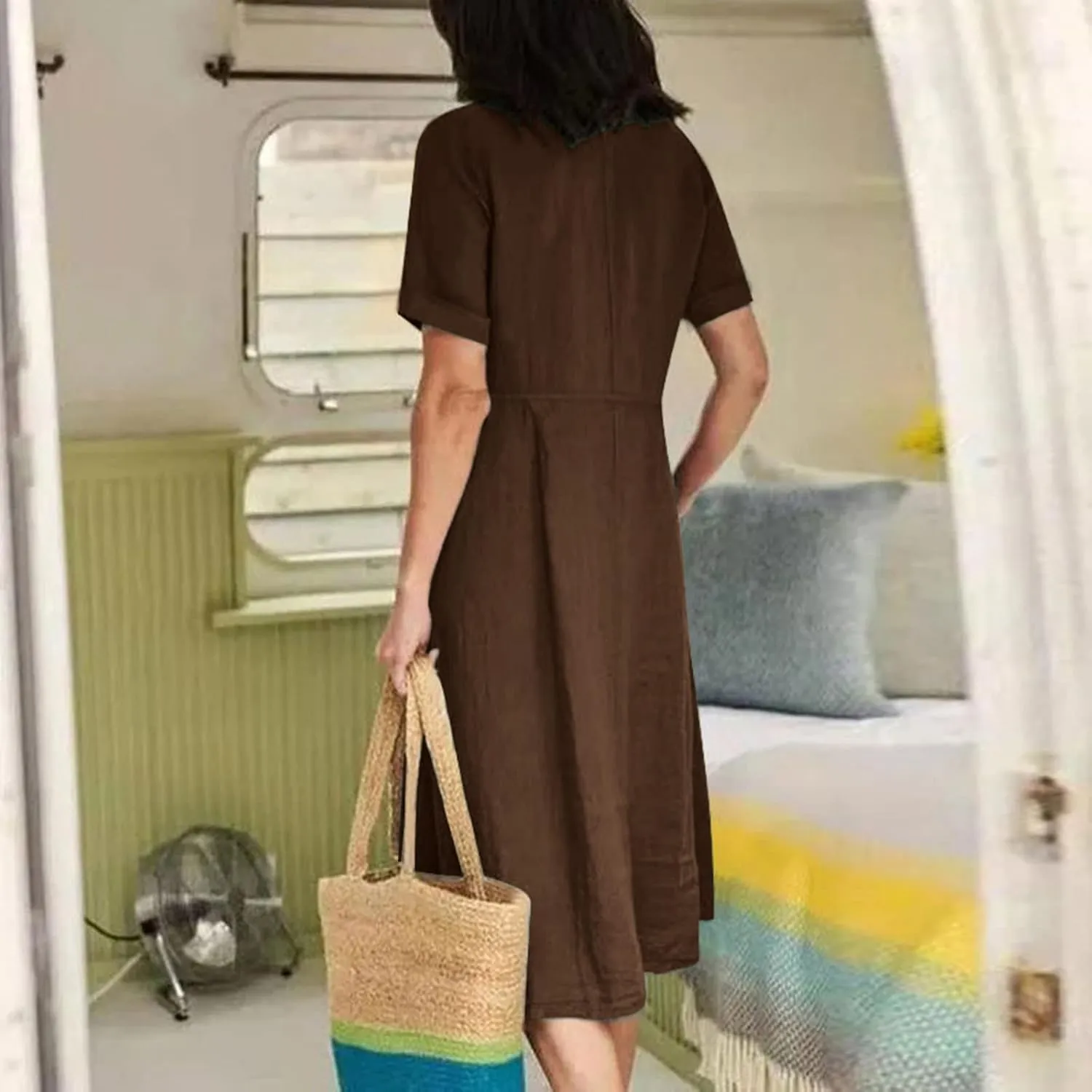 Womens Casual Dress Plus Size Button Front V Neck A Line Dress 2025 Spring Summer Short Sleeve Midi Dress with Pocket