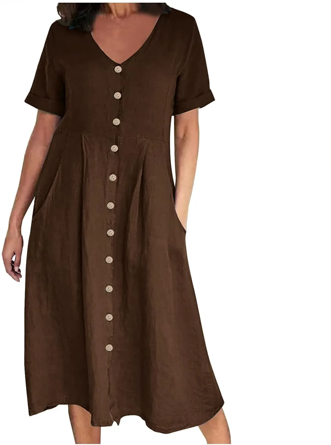 Womens Casual Dress Plus Size Button Front V Neck A Line Dress 2025 Spring Summer Short Sleeve Midi Dress with Pocket