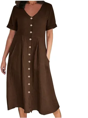 Womens Casual Dress Plus Size Button Front V Neck A Line Dress 2025 Spring Summer Short Sleeve Midi Dress with Pocket