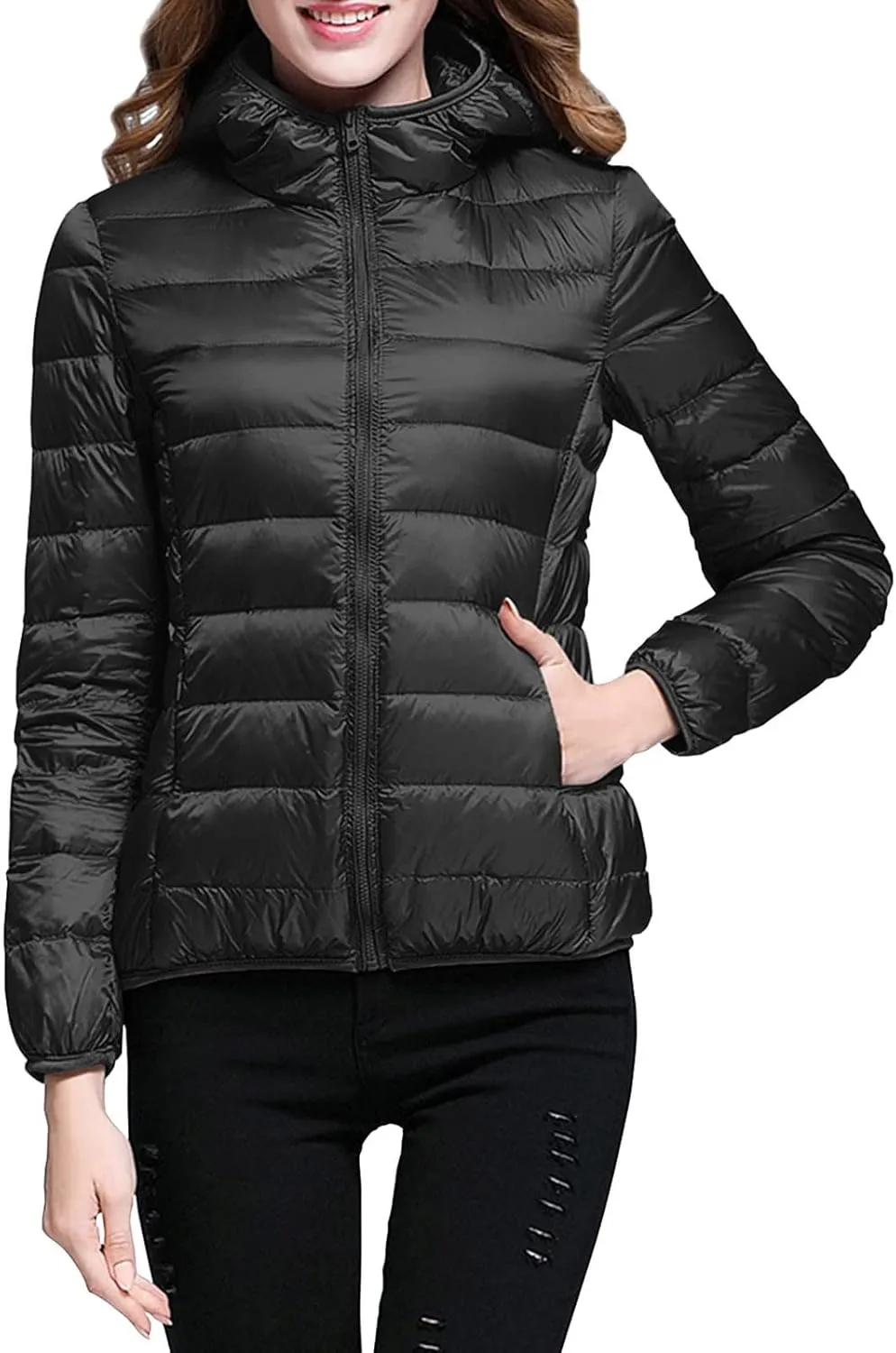 Women's Casual Lightweight Hooded Down Jacket Solid Color Casual Down Packable Warm Winter Jacket