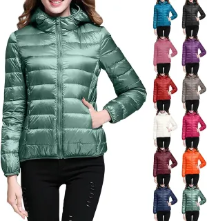 Women's Casual Lightweight Hooded Down Jacket Solid Color Casual Down Packable Warm Winter Jacket